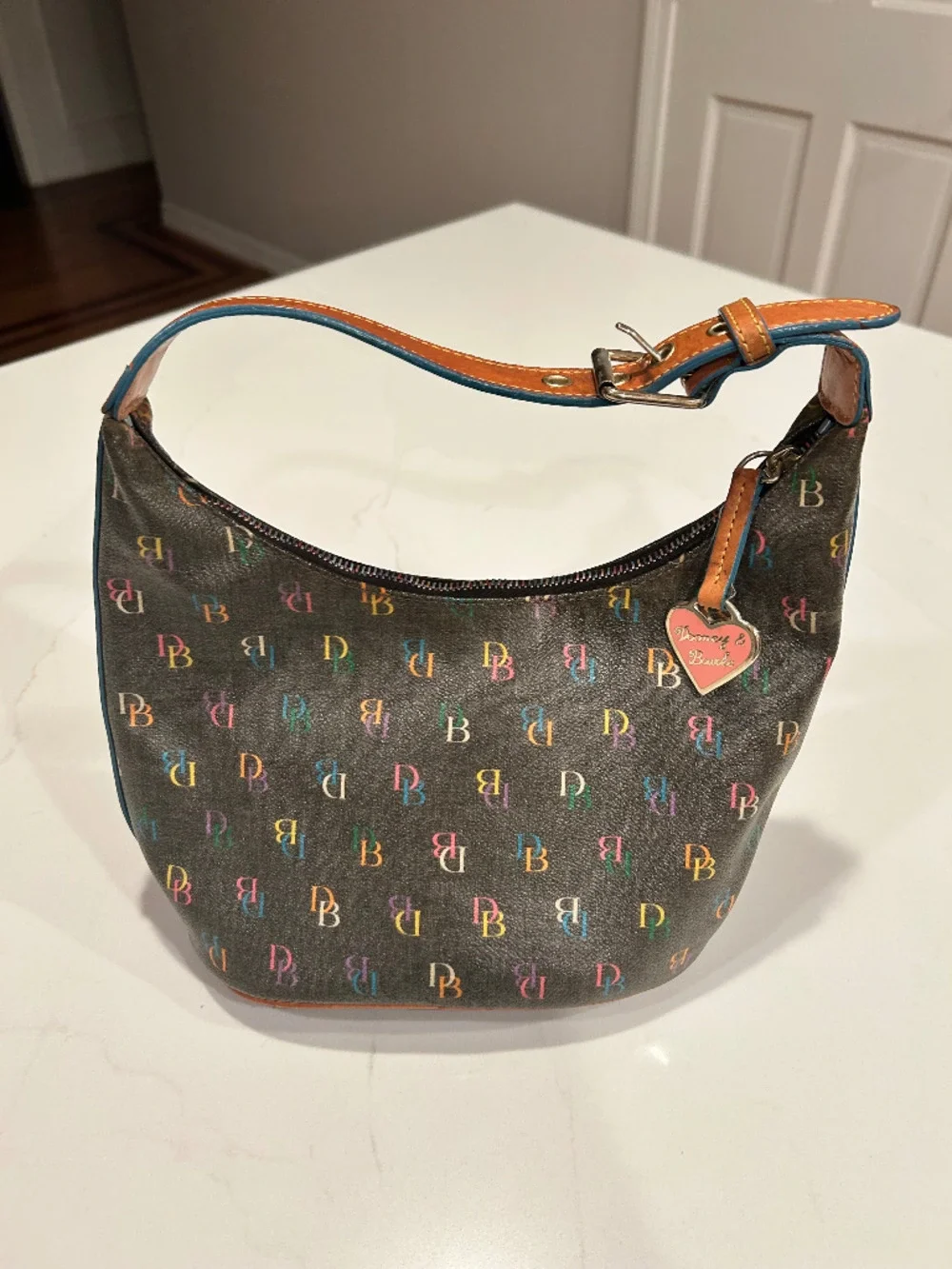 Vintage Dooney & Bourke Rainbow Monogram Brown Leather Pink Heart Zipper Handbag